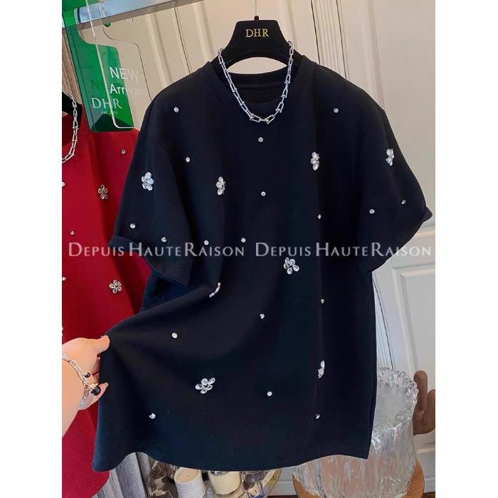 Rhinestone Flower Double-Sided Brushed Short Sleeve T-shirt Women's Loose Base Layer Top