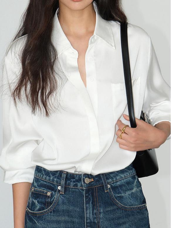 2026 Spring Women's High-End Satin Long-Sleeve Loose Fit Shirt with Unique Design