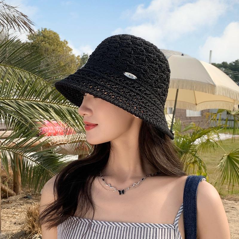 Hat Women'S Knitted Basin Hat Summer Sunscreen Visor Hat Hollowed Out And Breathable, Split Fork Bucket Hat Fashionable And Small Face