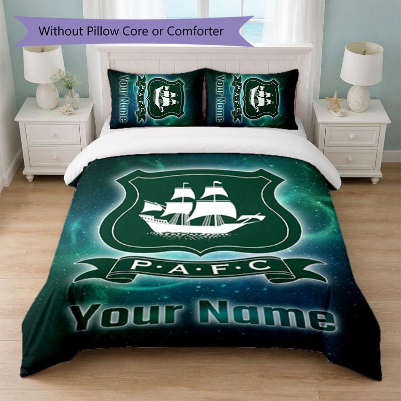 Plymouth Argyle FC Custom Name Text Bedding Set 1 Duvet Cover+2 Pillowcases Soccer Logo Personalized Gift For Special Occasion Bedroom Decor