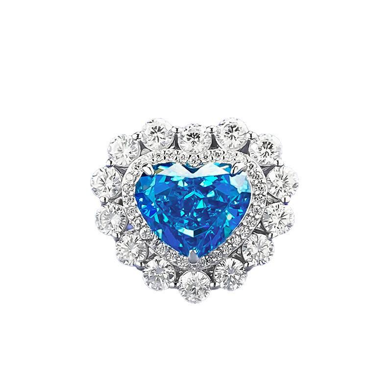 Zhuozhifan Jewelry S925 Sterling Silver Aquamarine Heart & Ice Flower Ring for Women