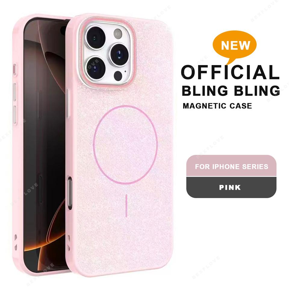 Magnetic Phone Case for iPhone 16E 15 14 Plus 11 12 13 16 Pro Max Magsafe Luxury Glitter Wireless Charging Shockproof Hard Cover
