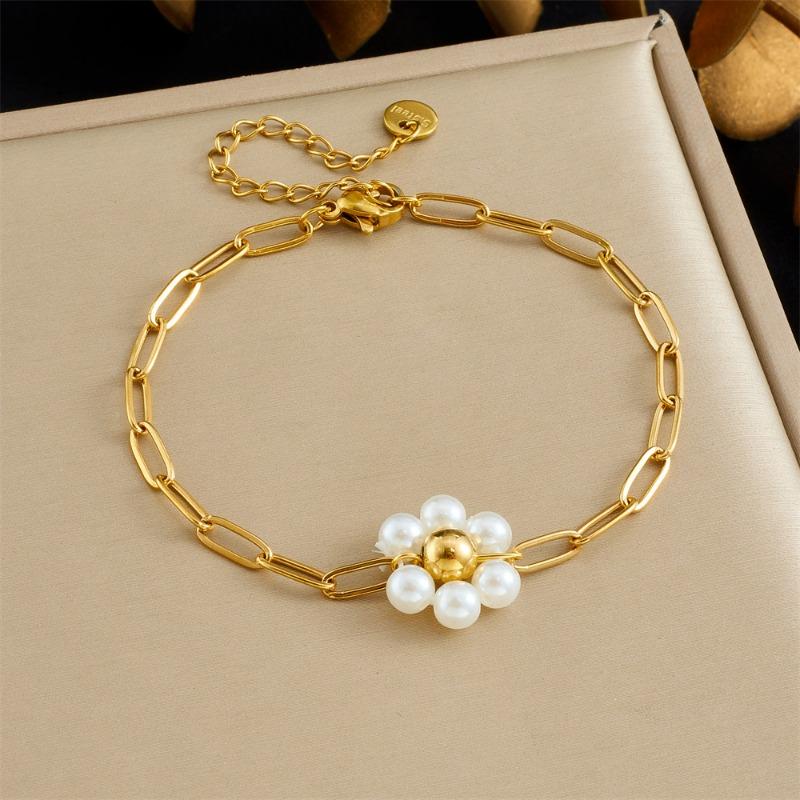 Gold Tone Paperclip Chain Bracelet with Pearl Flower Charm