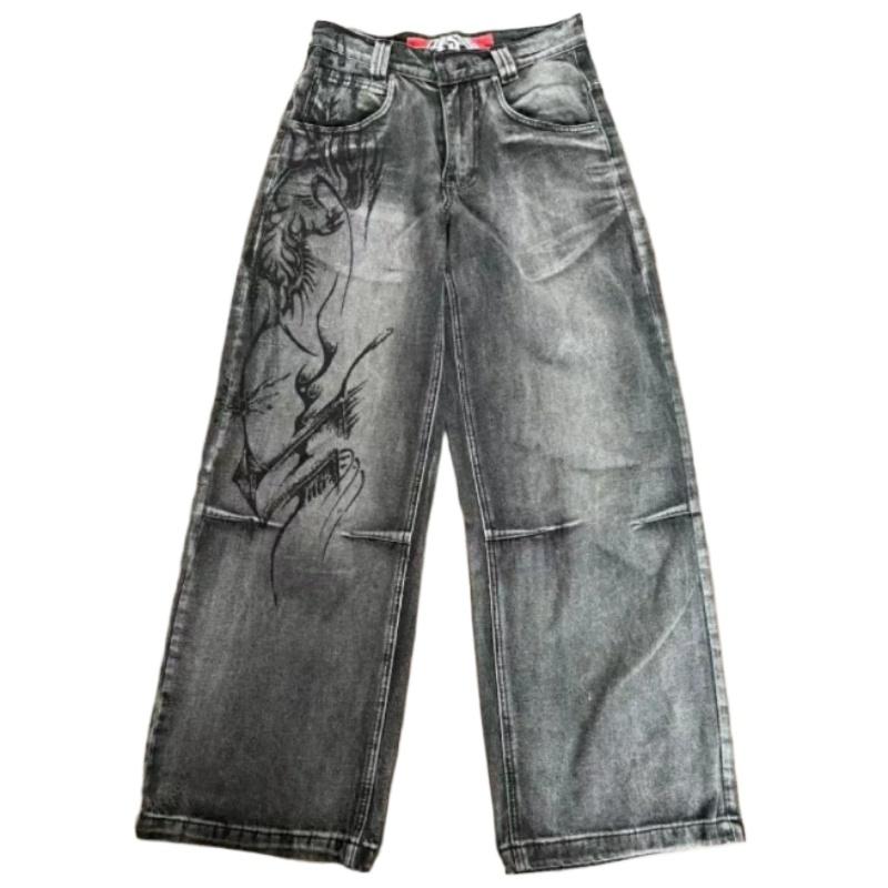 American Harajuku Vintage Print Jeans Y2K Men Washed Gray Straight Pants Street Gothic Loose Unisex Trousers Tide