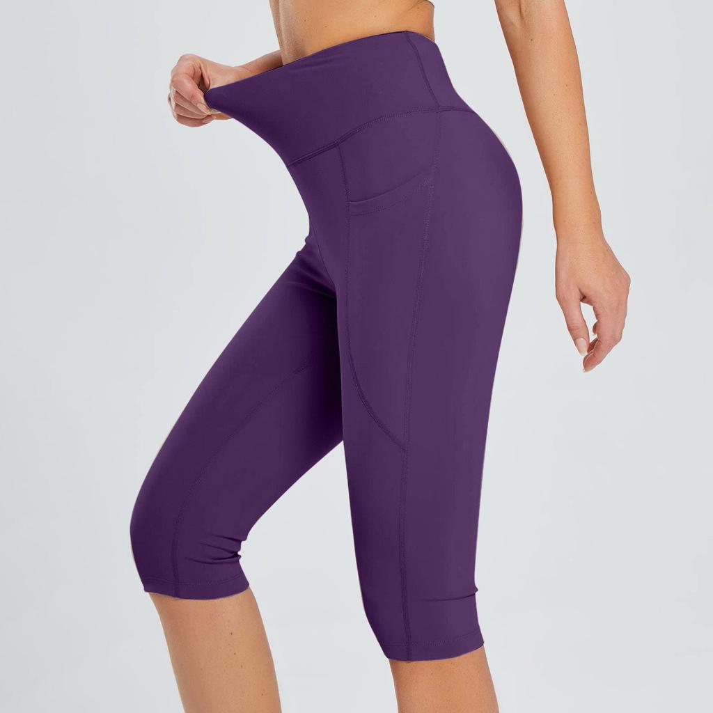 Women  Elastic High Waist 3/4 Pant Casual Active  Fit Wide Capris Leg Pants Trousers With Pockets