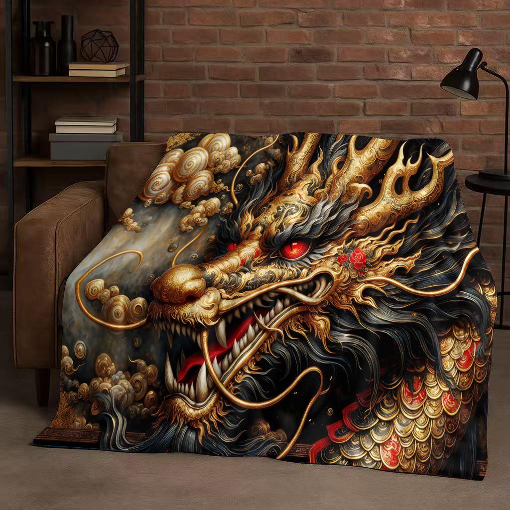 HD Yin Yang Element Dragon Chinese Loong Cartoon Flannel Blanket,Ultra Soft Warm Plush Throw for Home Bedroom Bed Sofa Cover Kid