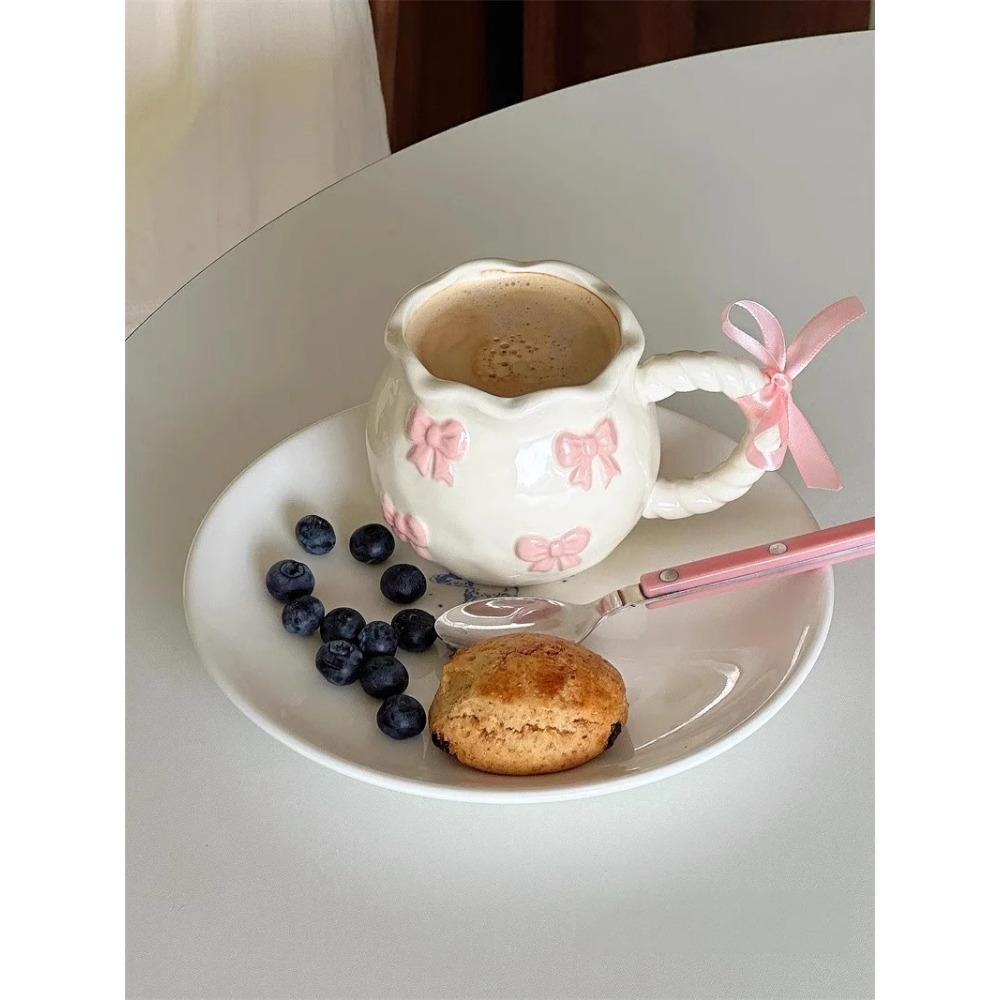 Cute Pink Relief Bow Ceramics Mug Cups Coffee Milk Drinks Ceramics Handle Cup with Box Girls Gift