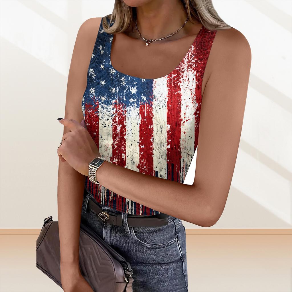 Women's Summer Fashionable Casual Independence Day Printed Round Neck Sleeveless Top Fitted Vest