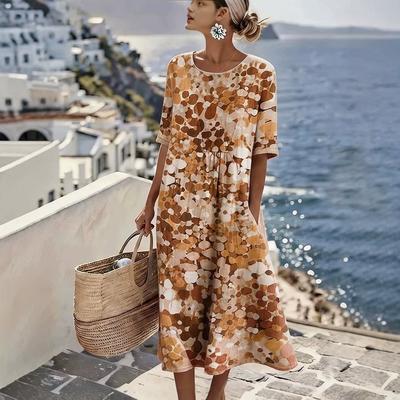 Women Boho Floral Print Midi Dress Casual Short Sleeve Smocked Waist Beach Dress
