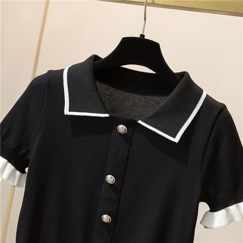 VAYLA Button Short Tops Tees Patchwork Y2k Shirt Clothing Women Pullovers Jumper Striped Sweater Fungus Blouse For Girls