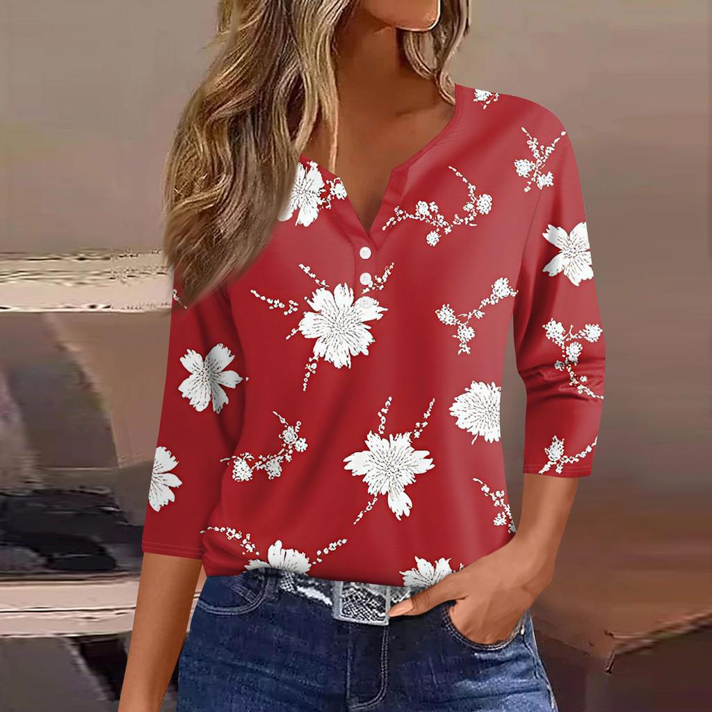 Women's T Shirt Tee Printed Button Short Sleeve Tunic Daily Weekend Fashion Basic V- Neck Regular Top