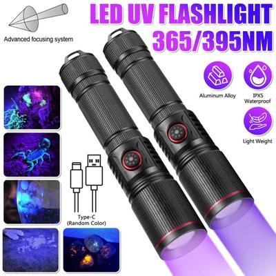 UV Flashlight 395nm Black Light USB Rechargeable Zoom Function Waterproof Portable Ultraviolet Torch Light
