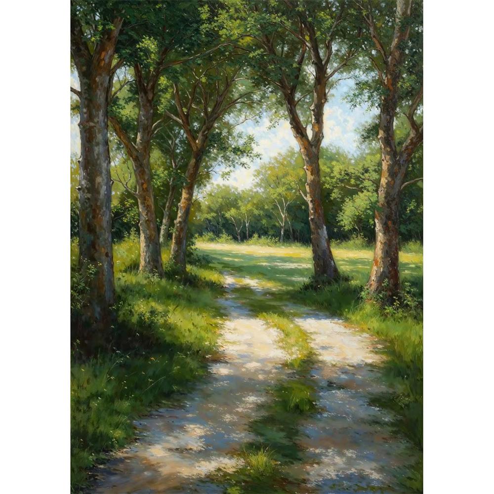 Cabana na Montanha Vista do Vale Caminho de Outono Prado de Verão Floresta de Árvores Nuvem Pôster Pintura em Tela Impressão para Sala de Estar Decoração de Casa