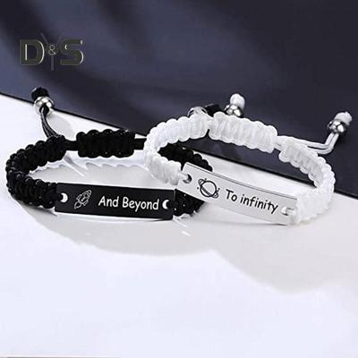2Pcs/Set Couple Bracelet Stainless Steel Carved Letter Plate Braided Bracelet Black White Rope Matching Bracelet Jewelry Accessories