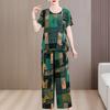 Women's Printed Cotton Linen 2-Piece Outfit, Short Sleeve Top & Wide Leg Pants Set (XL-5XL)