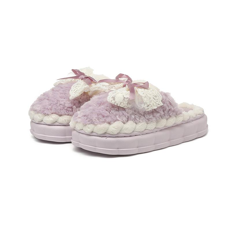Bow cotton slippers female cute autumn and winter new home warm thick bottom ladies couple household fluffy slippers
