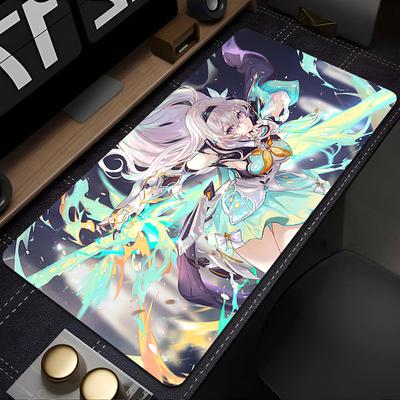Mouse Pad Gamer Grande Tapete de Mesa Base de Borracha Antiderrapante Bordas Costuradas Estampa de Menina Anime Fogo Verde-azulado para Uso em Mesa de Jogos e Escritório