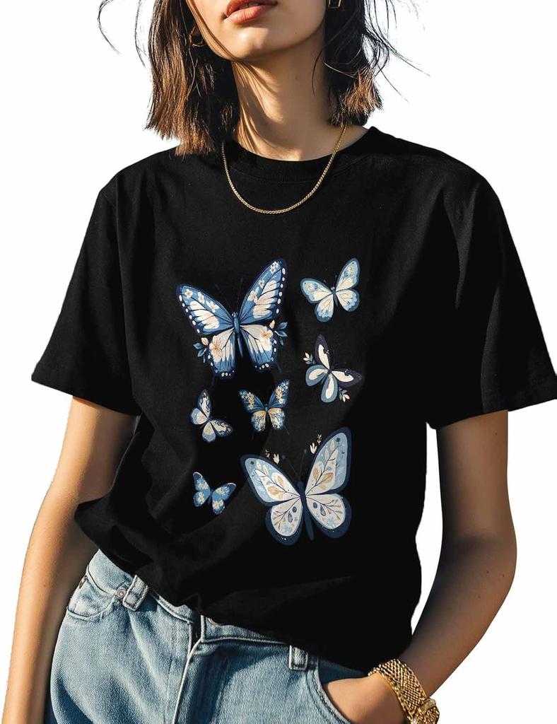 T Shirts for Women Graphic Tees Butterfly Theme Crew Neck Short Sleeve Shirts for Women Blue Casual T-Shirt