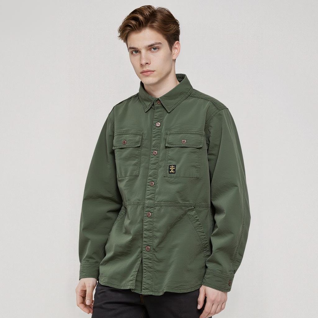 Men's Multi-pocket Loose Casual Shirt Trendy Fashion Top with Long Sleeves Versatile Work Jacket Green Khaki