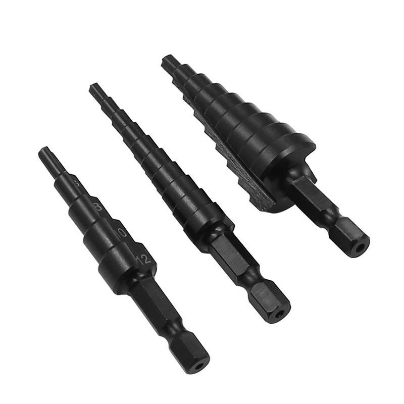 3-Piece Hex Shank Straight Flute Step Drill Set: Bearing Steel Conical Drill Hole Opener (Sizes 3-12, 4-12, 4-20).