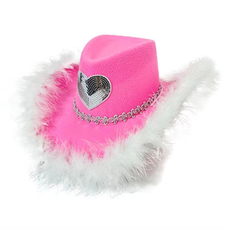Rhinestone Love Heart Women Glitter Cowboy Hat Fur-edged Cowgirl Hats Women Funny Performance Costume Cosplay Hat for Wedding