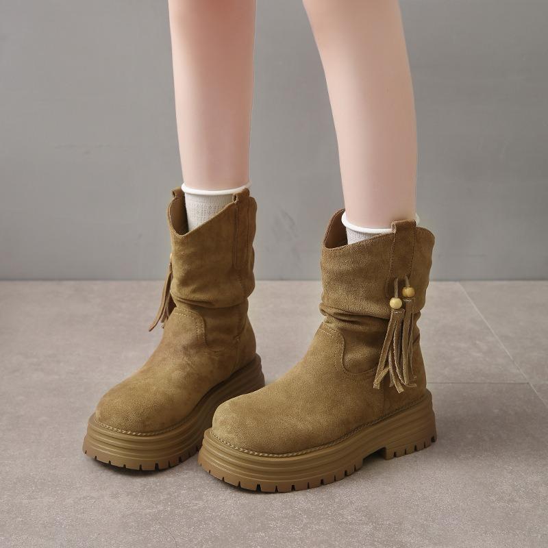 New autumn and winter Maillard fringed short boots women's retro medium tube Martin boots thick heel western pile knight boots