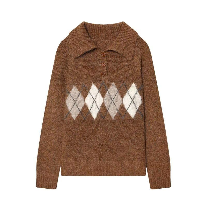 Womens Classic Argyle Collar Knit Sweater Regular Fit Long Sleeve Neutral Tones Office Casual Wear