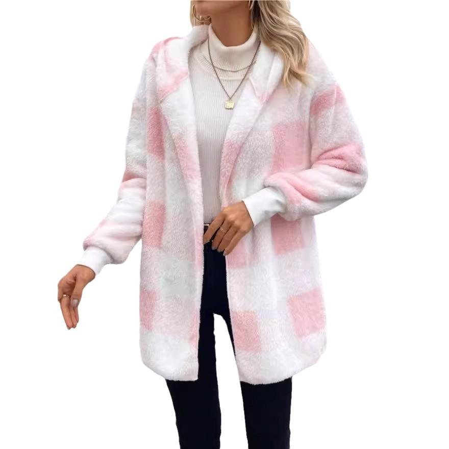Women's Autumn/Winter Hooded Plaid Plush Cardigan Jacket