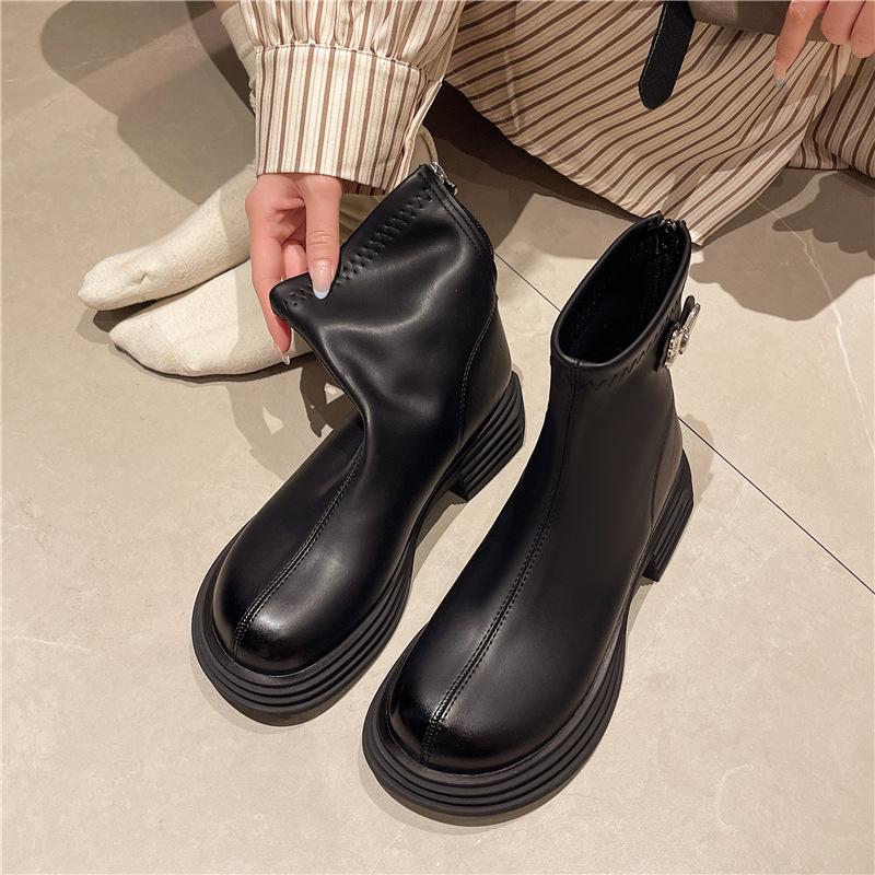 2024 Winter New Fashion Boots British Style Small Man Thin Versatile Round Head Short Boots Thick-soled Martin Boots Women
