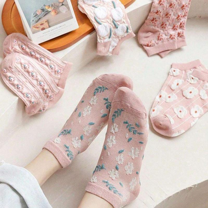 5/10/20 Pairs Women Floral Printed Ankle Socks Fashionable Patterns Sweat Absorbing Breathable Soft Comfortable Casual Socks
