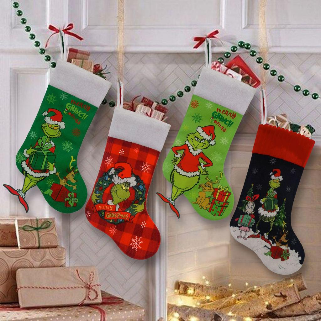Grinch Christmas Stocking: Green Furry Monster Candy Bag & Tree Ornament