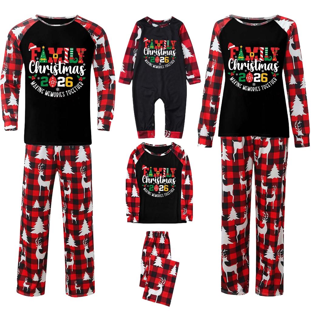 Family Matching Christmas Print Pajama Set with Round Neck Long Sleeve Top and Long Pants