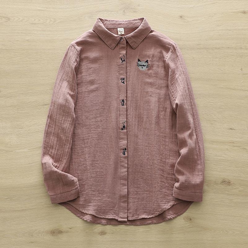 

Женские изысканные вышитые блузки и рубашки Рубашка с длинными рукавами и лацканами Женская свободная рубашка из хлопковой пряжи с рисунком в виде кошки XL