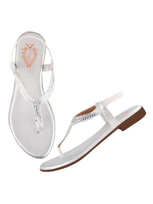 Shoetopia Women s Flat Sandals | Stylish T-Strap Slip-On Flats with Braided Detailing for Casual & Party EU40 : 23.5CM серебряный