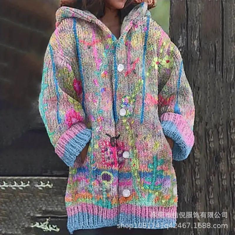 Womens Oversized Hooded Knit Cardigan With 3D Print Button Front Long Sleeve Casual Sweater