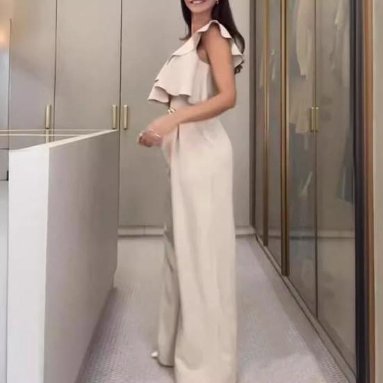 Letni kombinezon damski z falbanką, bez rękawów, z wysokim stanem, szerokimi nogawkami, z jednym ramieniem i skosem