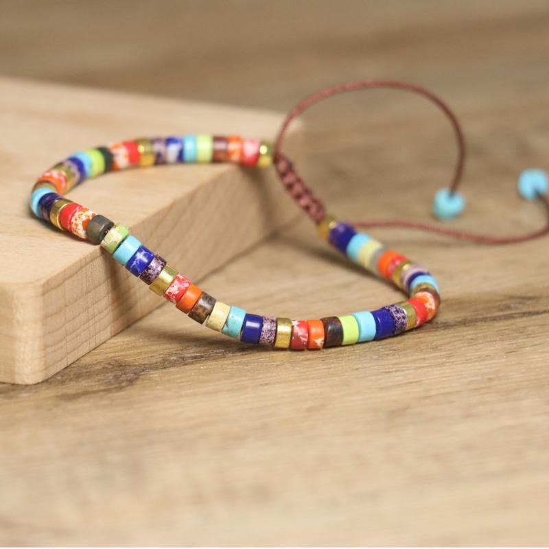 Rainbow Chakra Heishi Bead Bracelet – Gold Accent Adjustable Boho Jewelry, Balance Joy Gift for Men & Women