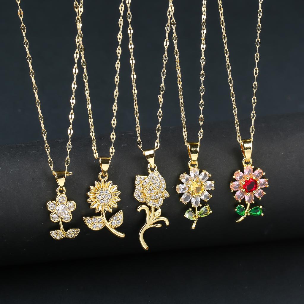New Sweet Zircon Sunflower Pendant Necklaces for Women Stainless Steel Chain Jewelry Accessories Wedding Party Gifts