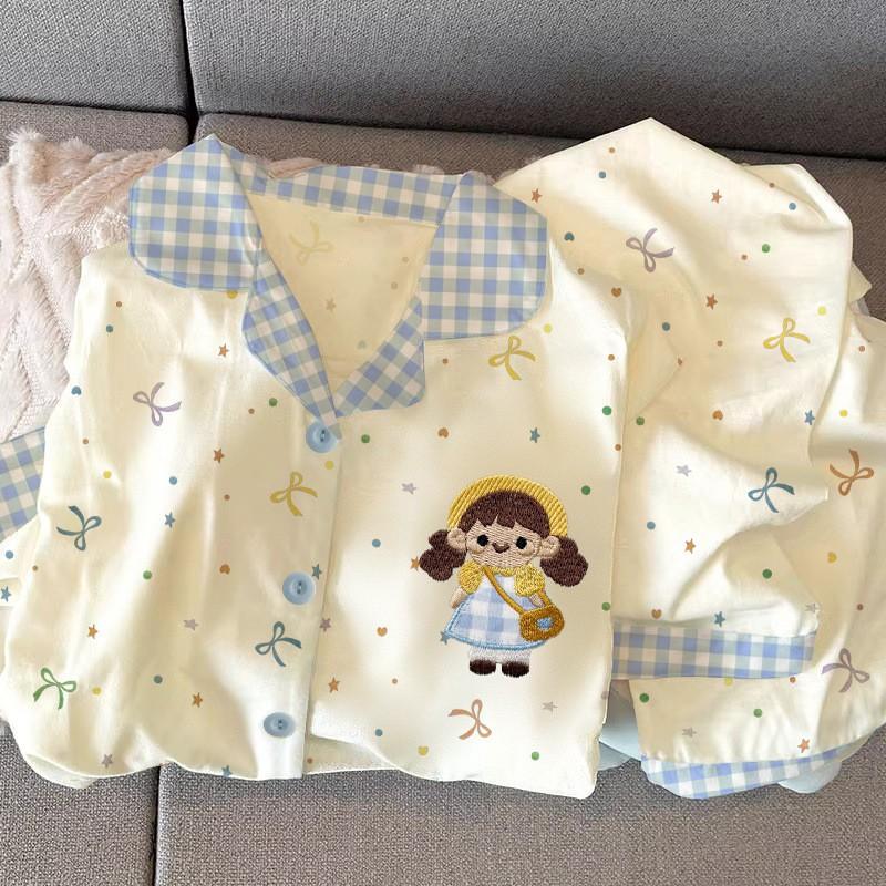 Womens Cute Cartoon Pajamas Set Long Sleeve Loose Loungewear Students Home Wear