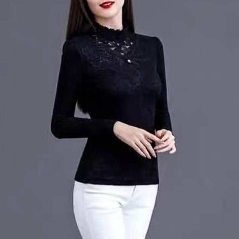 Nowa Wiosenna i Jesienna Moda Temperament Seksowna Koronkowa Ażurowa Koralikowa Stójka Slim Fit Długi Rękaw Damska Koszulka Podkładowa