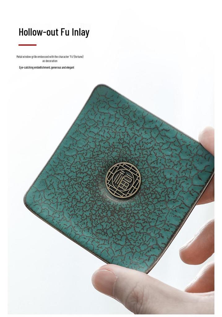 Peacock Green Glazed Ceramic Gongfu Teacup Saucer Coaster - Creative Heat-Insulating Pottery Mat for Tea Ceremony Accessories