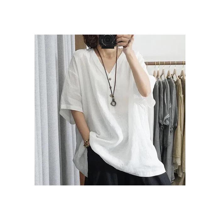 2025 Letní Retro Bavlněná Lněná Dámská Volná Tričko s Potiskem - Ležérní Krátký Rukáv