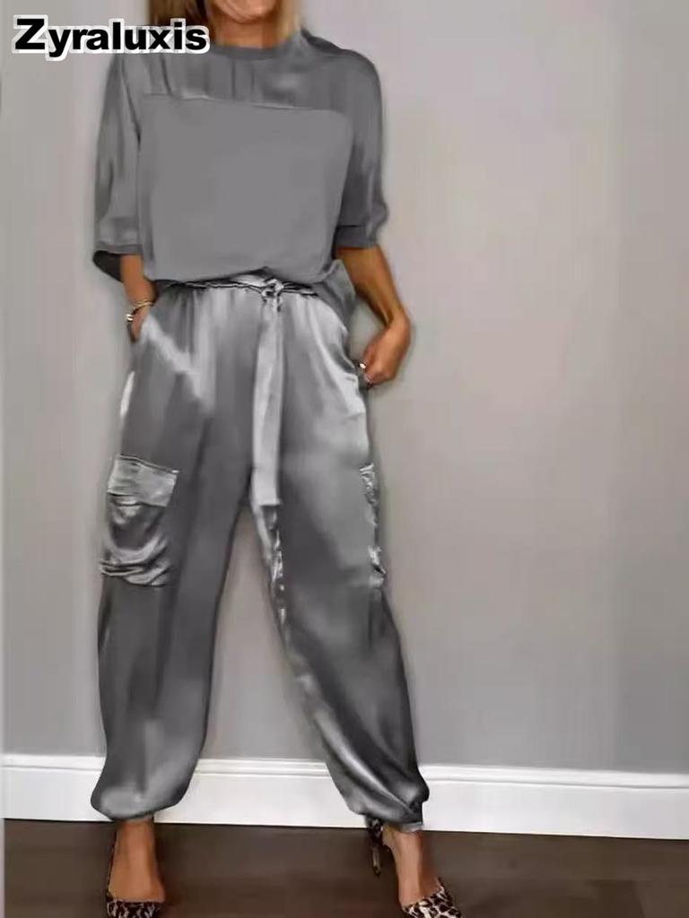 Women's Two Piece Set - Sleeveless Top & Pants, Solid Color Loose Casual Smooth Satin Pocketed Fashion Outfit
