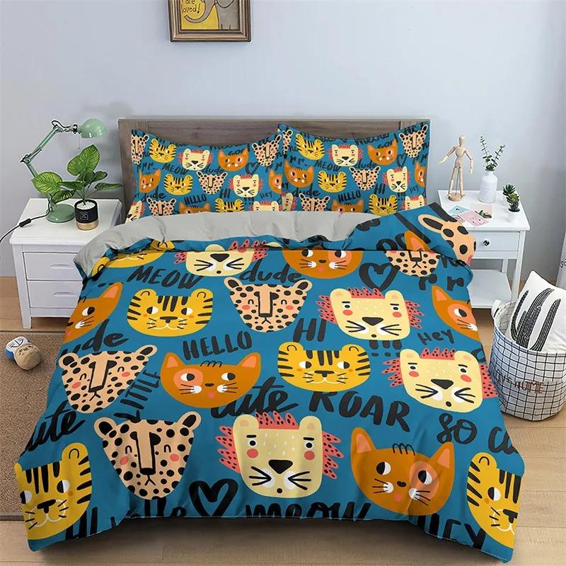 Cute Cat Bedding Set 2-3Pcs Bedroom Quilt Cover Set Single Double Size Polyester Duvet Cover Pillowcase for Adult Boy Girl