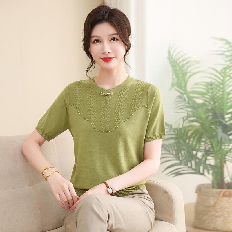 Mom's Summer Ice Silk Short-Sleeved T-shirt: Versatile Chinese Style Knitted Cardigan for Middle-Aged and Elderly Women
