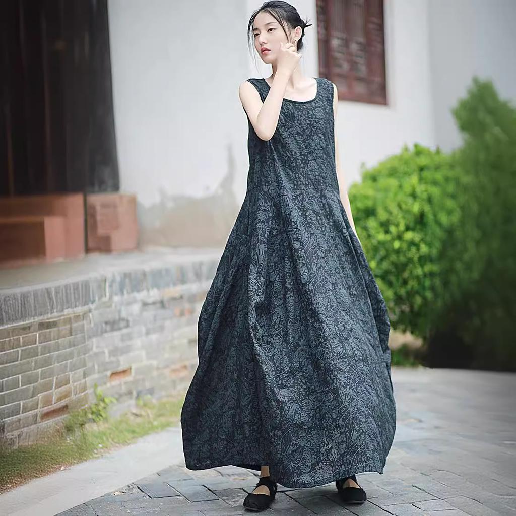Johnature Women Vintage Sleeveless Dress O-Neck Jacquard Summer High Quality Female Dress