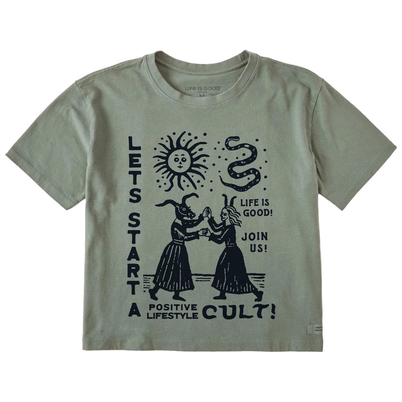

Life is Good Women s Let s Start a Cult Short Sleeve Crusher Boxy Tee Moss Green S