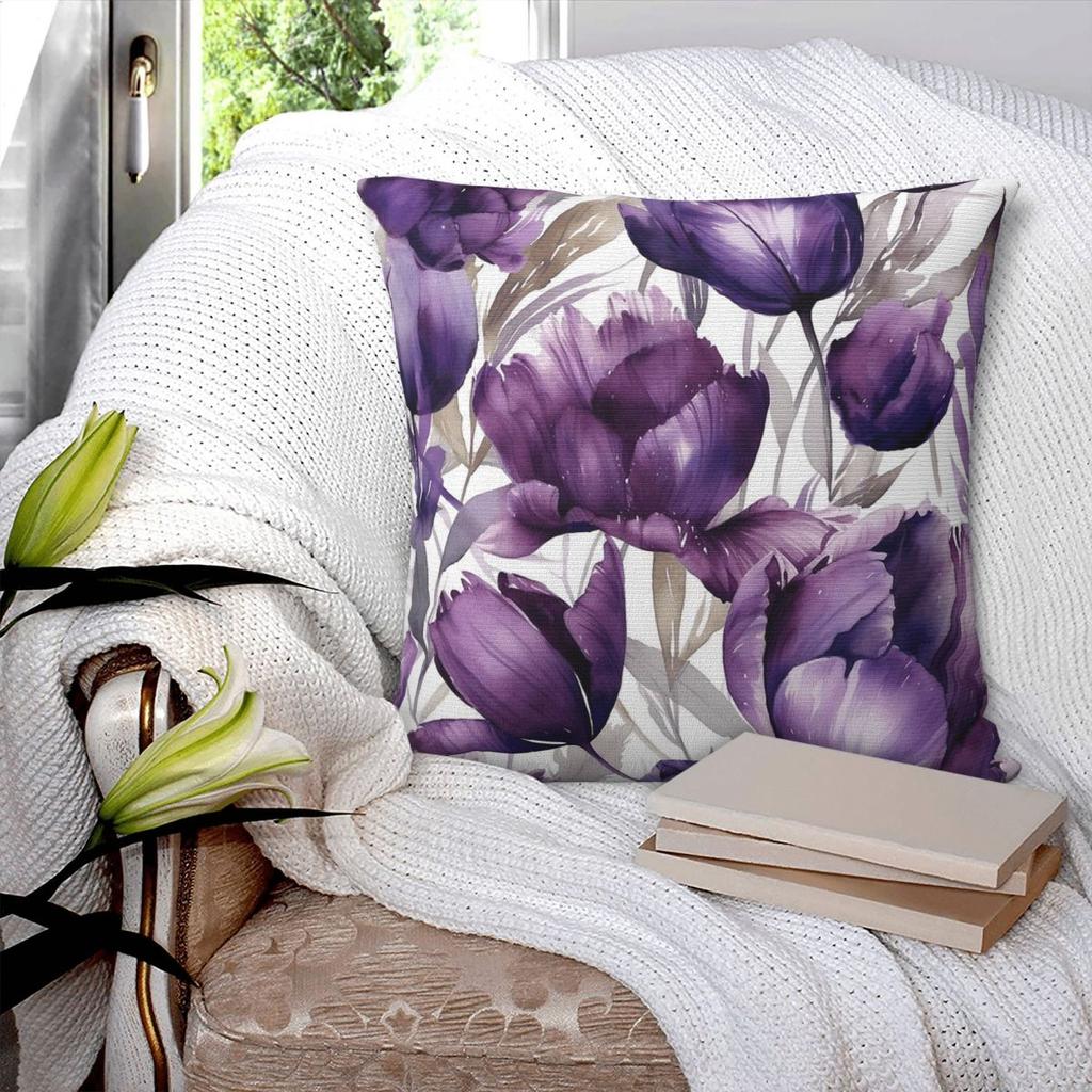 Purple Blooms Square Pillowcase Polyester Linen Velvet Pattern Zip Decor Throw Pillow Case Home Cushion Cover 18"