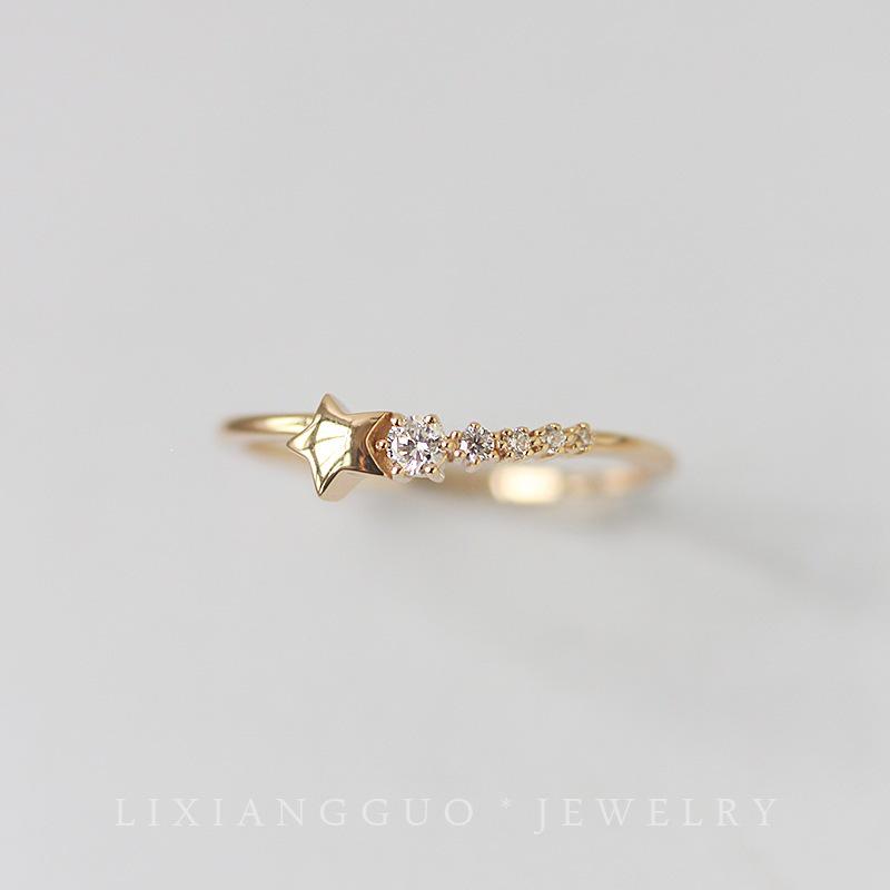 Meteorite Crushed Light S925 Sterling Silver 14K Gold-Plated Ring with Diamond Inlay - Women s Elegant and Versatile Finger Ring Size 16
