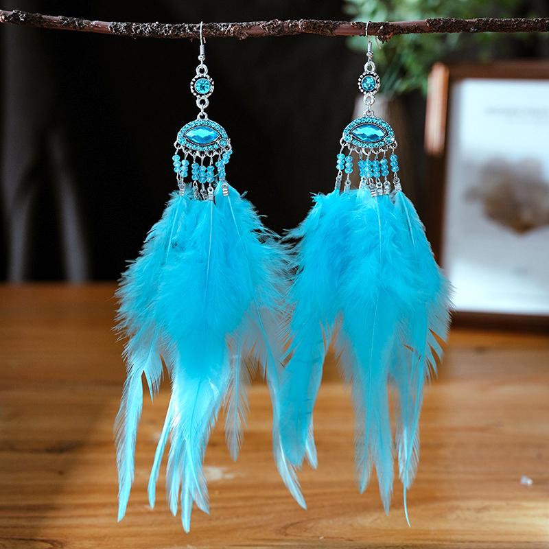 Super Long Exaggerated Irregular Feather Earrings for Women Fashion Boho Colorful Rhinestone Crystal Bead Dangle Earring Jewelry